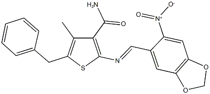 5-benzyl-2-[({6-nitro-1,3-benzodioxol-5-yl}methylene)amino]-4-methyl-3-thiophenecarboxamide Struktur