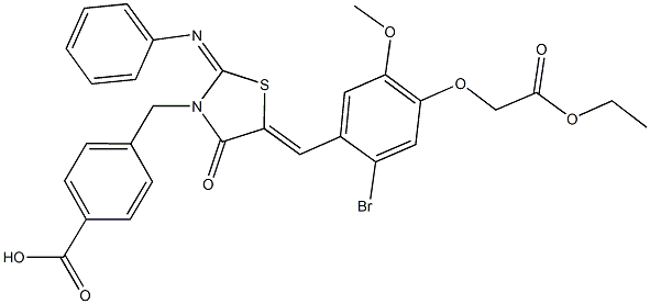 4-{[5-[2-bromo-4-(2-ethoxy-2-oxoethoxy)-5-methoxybenzylidene]-4-oxo-2-(phenylimino)-1,3-thiazolidin-3-yl]methyl}benzoic acid Struktur