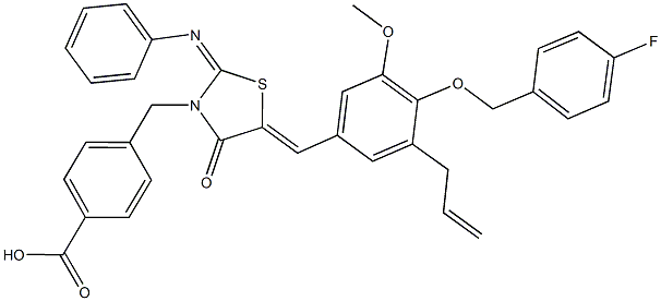 4-{[5-{3-allyl-4-[(4-fluorobenzyl)oxy]-5-methoxybenzylidene}-4-oxo-2-(phenylimino)-1,3-thiazolidin-3-yl]methyl}benzoic acid Struktur