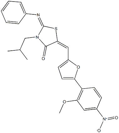 5-[(5-{4-nitro-2-methoxyphenyl}-2-furyl)methylene]-3-isobutyl-2-(phenylimino)-1,3-thiazolidin-4-one Struktur