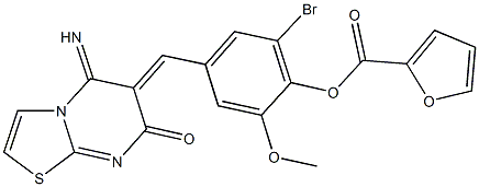 2-bromo-4-[(5-imino-7-oxo-5H-[1,3]thiazolo[3,2-a]pyrimidin-6(7H)-ylidene)methyl]-6-methoxyphenyl 2-furoate Struktur