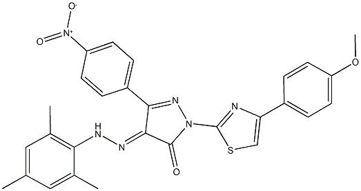 3-{4-nitrophenyl}-1-[4-(4-methoxyphenyl)-1,3-thiazol-2-yl]-1H-pyrazole-4,5-dione 4-(mesitylhydrazone) Struktur