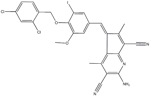 2-amino-5-{4-[(2,4-dichlorobenzyl)oxy]-3-iodo-5-methoxybenzylidene}-4,6-dimethyl-5H-cyclopenta[b]pyridine-3,7-dicarbonitrile Struktur