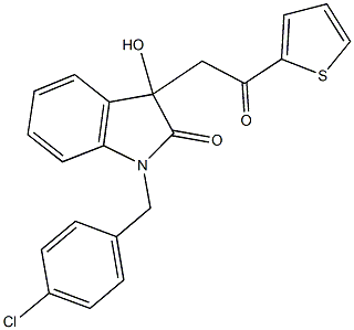 1-(4-chlorobenzyl)-3-hydroxy-3-[2-oxo-2-(2-thienyl)ethyl]-1,3-dihydro-2H-indol-2-one Struktur