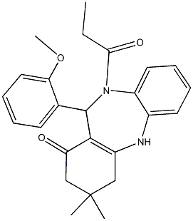 11-(2-methoxyphenyl)-3,3-dimethyl-10-propionyl-2,3,4,5,10,11-hexahydro-1H-dibenzo[b,e][1,4]diazepin-1-one Struktur