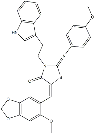 3-[2-(1H-indol-3-yl)ethyl]-5-[(6-methoxy-1,3-benzodioxol-5-yl)methylene]-2-[(4-methoxyphenyl)imino]-1,3-thiazolidin-4-one Struktur