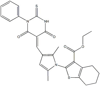 ethyl 2-{3-[(4,6-dioxo-1-phenyl-2-thioxotetrahydro-5(2H)-pyrimidinylidene)methyl]-2,5-dimethyl-1H-pyrrol-1-yl}-4,5,6,7-tetrahydro-1-benzothiophene-3-carboxylate Struktur