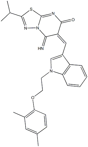 6-({1-[2-(2,4-dimethylphenoxy)ethyl]-1H-indol-3-yl}methylene)-5-imino-2-isopropyl-5,6-dihydro-7H-[1,3,4]thiadiazolo[3,2-a]pyrimidin-7-one Struktur