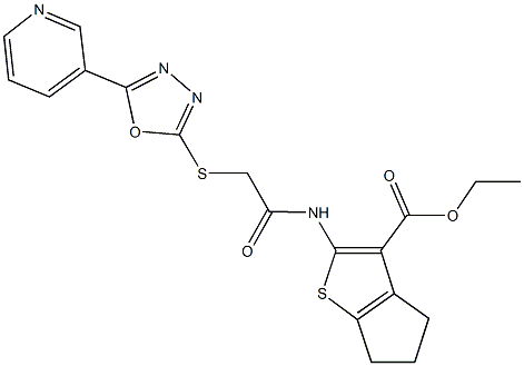 ethyl 2-[({[5-(3-pyridinyl)-1,3,4-oxadiazol-2-yl]sulfanyl}acetyl)amino]-5,6-dihydro-4H-cyclopenta[b]thiophene-3-carboxylate Struktur