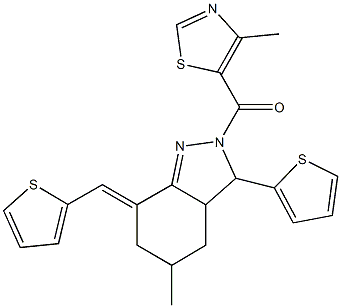 5-methyl-2-[(4-methyl-1,3-thiazol-5-yl)carbonyl]-3-(2-thienyl)-7-(2-thienylmethylene)-3,3a,4,5,6,7-hexahydro-2H-indazole Struktur