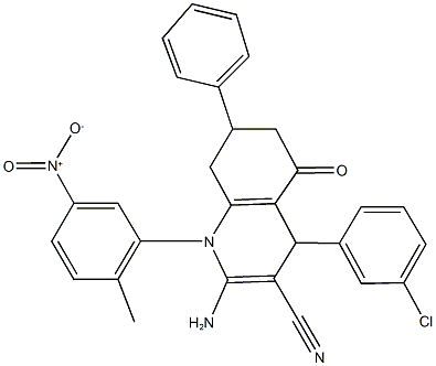 2-amino-4-(3-chlorophenyl)-1-{5-nitro-2-methylphenyl}-5-oxo-7-phenyl-1,4,5,6,7,8-hexahydroquinoline-3-carbonitrile Struktur