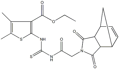 ethyl 2-[({[(3,5-dioxo-4-azatricyclo[5.2.1.0~2,6~]dec-8-en-4-yl)acetyl]amino}carbothioyl)amino]-4,5-dimethylthiophene-3-carboxylate Struktur