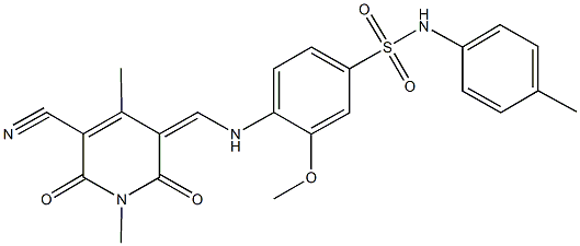 4-{[(5-cyano-1,4-dimethyl-2,6-dioxo-1,6-dihydro-3(2H)-pyridinylidene)methyl]amino}-3-methoxy-N-(4-methylphenyl)benzenesulfonamide Struktur