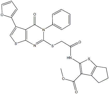 methyl 2-[({[5-(2-furyl)-4-oxo-3-phenyl-3,4-dihydrothieno[2,3-d]pyrimidin-2-yl]sulfanyl}acetyl)amino]-5,6-dihydro-4H-cyclopenta[b]thiophene-3-carboxylate Struktur