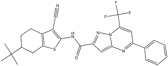 N-(6-tert-butyl-3-cyano-4,5,6,7-tetrahydro-1-benzothien-2-yl)-5-phenyl-7-(trifluoromethyl)pyrazolo[1,5-a]pyrimidine-2-carboxamide Struktur