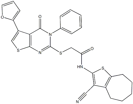 N-(3-cyano-5,6,7,8-tetrahydro-4H-cyclohepta[b]thien-2-yl)-2-{[5-(2-furyl)-4-oxo-3-phenyl-3,4-dihydrothieno[2,3-d]pyrimidin-2-yl]sulfanyl}acetamide Struktur