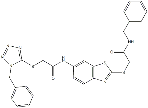 N-(2-{[2-(benzylamino)-2-oxoethyl]sulfanyl}-1,3-benzothiazol-6-yl)-2-[(1-benzyl-1H-tetraazol-5-yl)sulfanyl]acetamide Struktur