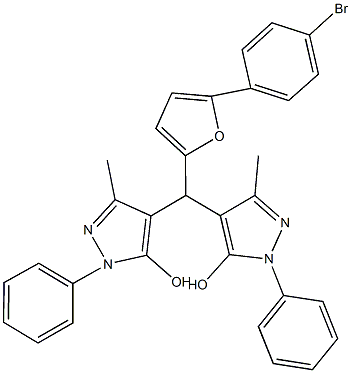 4-[[5-(4-bromophenyl)-2-furyl](5-hydroxy-3-methyl-1-phenyl-1H-pyrazol-4-yl)methyl]-3-methyl-1-phenyl-1H-pyrazol-5-ol Struktur