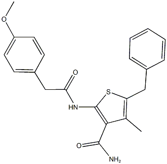 5-benzyl-2-{[(4-methoxyphenyl)acetyl]amino}-4-methyl-3-thiophenecarboxamide Struktur