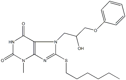 8-(hexylsulfanyl)-7-(2-hydroxy-3-phenoxypropyl)-3-methyl-3,7-dihydro-1H-purine-2,6-dione Struktur