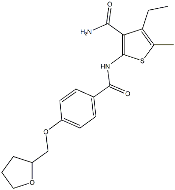 4-ethyl-5-methyl-2-{[4-(tetrahydro-2-furanylmethoxy)benzoyl]amino}-3-thiophenecarboxamide Struktur