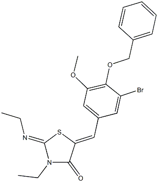 5-[4-(benzyloxy)-3-bromo-5-methoxybenzylidene]-3-ethyl-2-(ethylimino)-1,3-thiazolidin-4-one Struktur