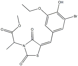 methyl 2-[5-(3-bromo-5-ethoxy-4-hydroxybenzylidene)-2,4-dioxo-1,3-thiazolidin-3-yl]propanoate Struktur