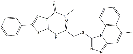 methyl 2-({[(5-methyl[1,2,4]triazolo[4,3-a]quinolin-1-yl)sulfanyl]acetyl}amino)-5-phenyl-3-thiophenecarboxylate Struktur