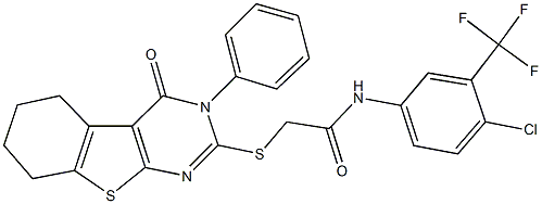 N-[4-chloro-3-(trifluoromethyl)phenyl]-2-[(4-oxo-3-phenyl-3,4,5,6,7,8-hexahydro[1]benzothieno[2,3-d]pyrimidin-2-yl)sulfanyl]acetamide Struktur