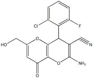 2-amino-4-(2-chloro-6-fluorophenyl)-6-(hydroxymethyl)-8-oxo-4,8-dihydropyrano[3,2-b]pyran-3-carbonitrile Struktur