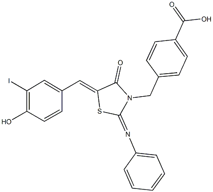 4-{[5-(4-hydroxy-3-iodobenzylidene)-4-oxo-2-(phenylimino)-1,3-thiazolidin-3-yl]methyl}benzoic acid Struktur