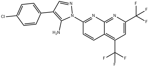 1H-Pyrazol-5-amine,1-[5,7-bis(trifluoromethyl)-1,8-naphthyridin-2-yl]-4-(4-chlorophenyl)-(9CI) Struktur