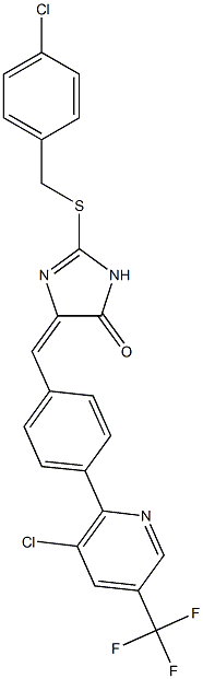 (4E)-4-({4-[3-chloro-5-(trifluoromethyl)pyridin-2-yl]phenyl}methylidene)-2-{[(4-chlorophenyl)methyl]sulfanyl}-4,5-dihydro-1H-imidazol-5-one Struktur