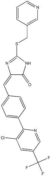 (4E)-4-({4-[3-chloro-5-(trifluoromethyl)pyridin-2-yl]phenyl}methylidene)-2-{[(pyridin-3-yl)methyl]sulfanyl}-4,5-dihydro-1H-imidazol-5-one Struktur