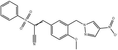 (E)-2-(benzenesulfonyl)-3-[4-methoxy-3-[(4-nitropyrazol-1-yl)methyl]phenyl]prop-2-enenitrile Structure