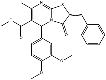 methyl (2E)-2-benzylidene-5-(3,4-dimethoxyphenyl)-7-methyl-3-oxo-5H-[1,3]thiazolo[3,2-a]pyrimidine-6-carboxylate Struktur