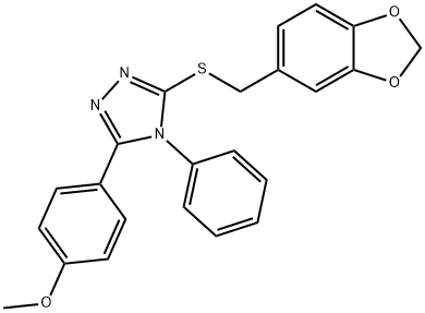 3-(1,3-benzodioxol-5-ylmethylsulfanyl)-5-(4-methoxyphenyl)-4-phenyl-1,2,4-triazole Struktur