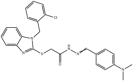 2-[1-[(2-chlorophenyl)methyl]benzimidazol-2-yl]sulfanyl-N-[(E)-[4-(dimethylamino)phenyl]methylideneamino]acetamide Struktur