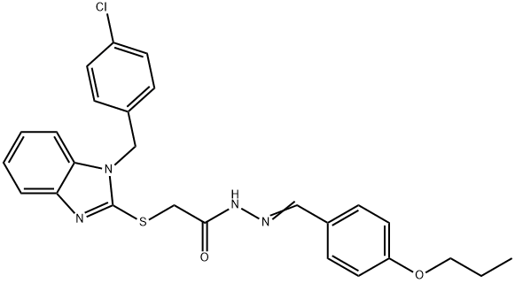 2-[1-[(4-chlorophenyl)methyl]benzimidazol-2-yl]sulfanyl-N-[(E)-(4-propoxyphenyl)methylideneamino]acetamide Structure