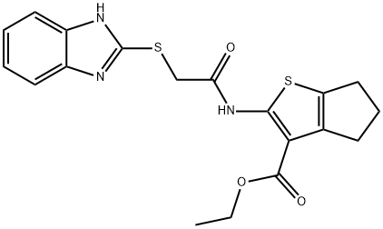 ethyl 2-[[2-(1H-benzimidazol-2-ylsulfanyl)acetyl]amino]-5,6-dihydro-4H-cyclopenta[b]thiophene-3-carboxylate Struktur