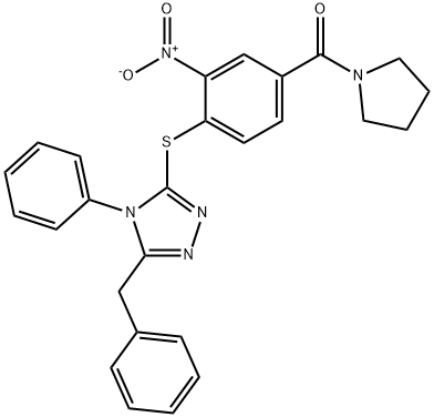 [4-[(5-benzyl-4-phenyl-1,2,4-triazol-3-yl)sulfanyl]-3-nitrophenyl]-pyrrolidin-1-ylmethanone Struktur