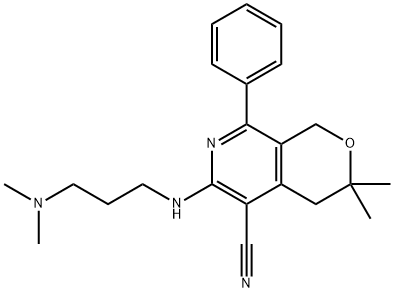 6-[3-(dimethylamino)propylamino]-3,3-dimethyl-8-phenyl-1,4-dihydropyrano[3,4-c]pyridine-5-carbonitrile Struktur