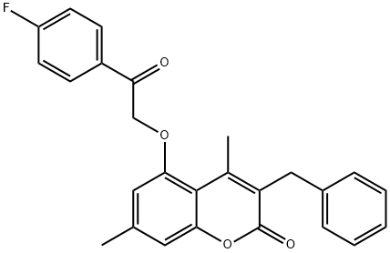 3-benzyl-5-[2-(4-fluorophenyl)-2-oxoethoxy]-4,7-dimethylchromen-2-one Struktur