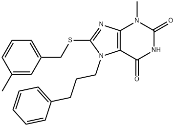 3-methyl-8-[(3-methylphenyl)methylsulfanyl]-7-(3-phenylpropyl)purine-2,6-dione Struktur