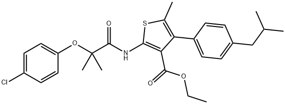 ethyl 2-[[2-(4-chlorophenoxy)-2-methylpropanoyl]amino]-5-methyl-4-[4-(2-methylpropyl)phenyl]thiophene-3-carboxylate Struktur