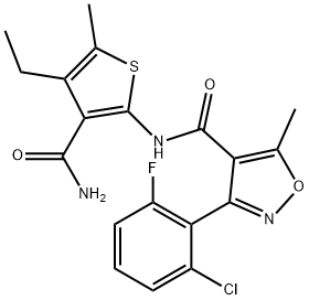 N-(3-carbamoyl-4-ethyl-5-methylthiophen-2-yl)-3-(2-chloro-6-fluorophenyl)-5-methyl-1,2-oxazole-4-carboxamide Struktur