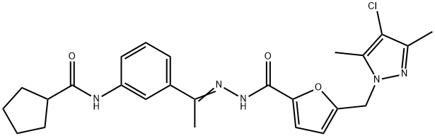 5-[(4-chloro-3,5-dimethylpyrazol-1-yl)methyl]-N-[(Z)-1-[3-(cyclopentanecarbonylamino)phenyl]ethylideneamino]furan-2-carboxamide Struktur