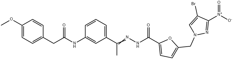 5-[(4-bromo-3-nitropyrazol-1-yl)methyl]-N-[(Z)-1-[3-[[2-(4-methoxyphenyl)acetyl]amino]phenyl]ethylideneamino]furan-2-carboxamide Struktur