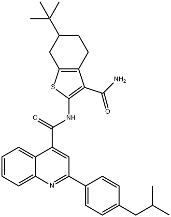 N-(6-tert-butyl-3-carbamoyl-4,5,6,7-tetrahydro-1-benzothiophen-2-yl)-2-[4-(2-methylpropyl)phenyl]quinoline-4-carboxamide Struktur