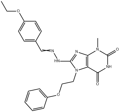 8-[(2E)-2-[(4-ethoxyphenyl)methylidene]hydrazinyl]-3-methyl-7-(2-phenoxyethyl)purine-2,6-dione Struktur